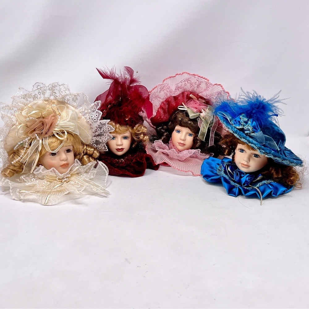 Dandee Victorian Porcelain Doll Head Ornament Set 4 Velvet Feather Fancy Hats